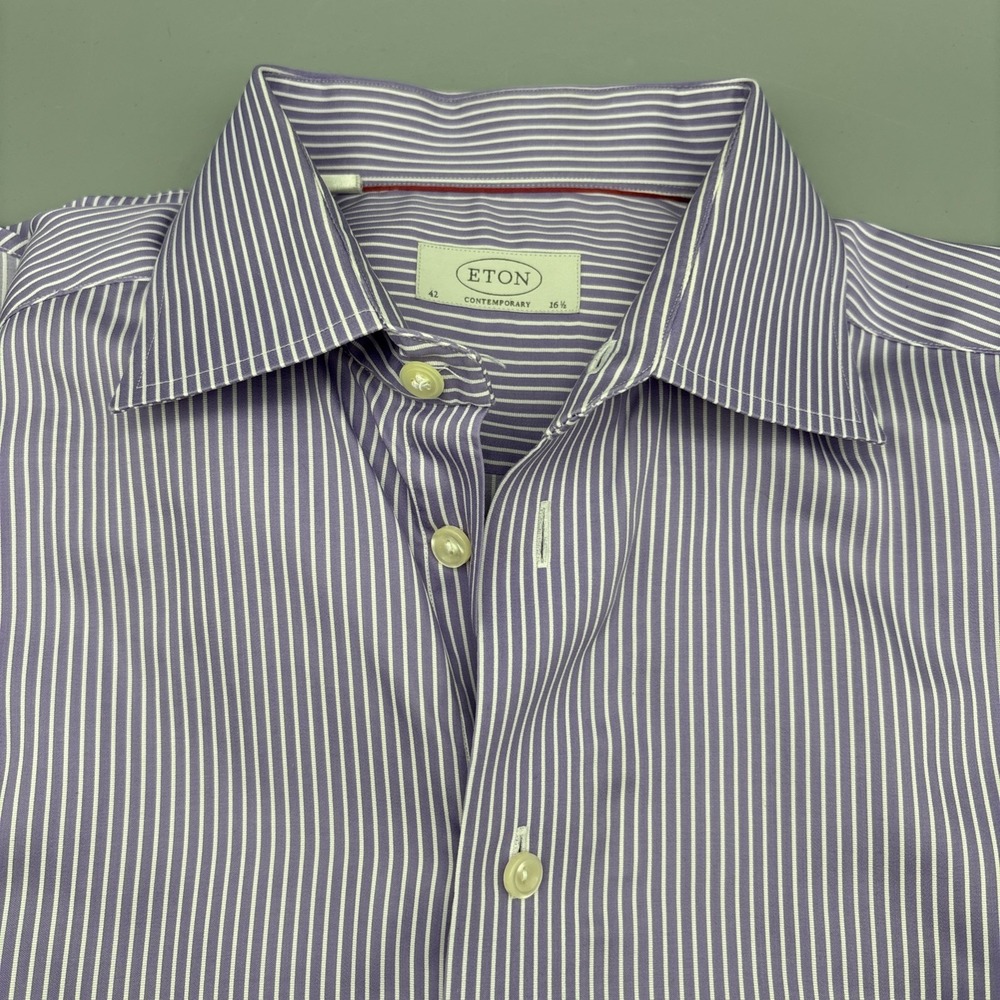 ETON Contemporary Fit Striped Purple White Dress Shirt 16.5/42 Long Sleeve